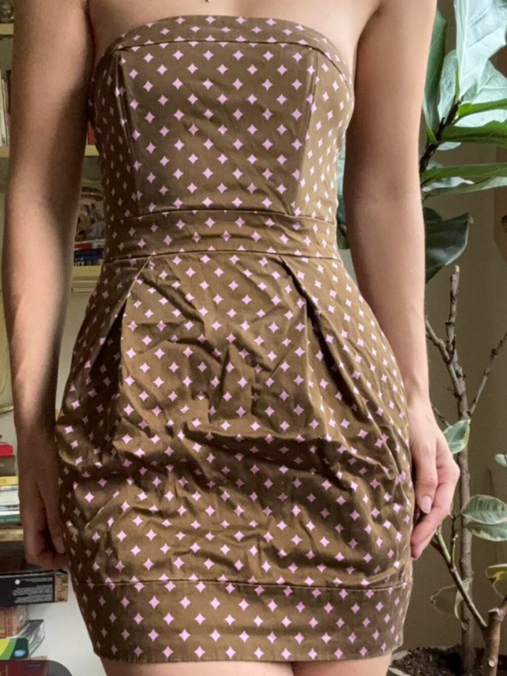 French Connection Dress Womens 8 Brown Strapless Sundress Geometric Zip Back